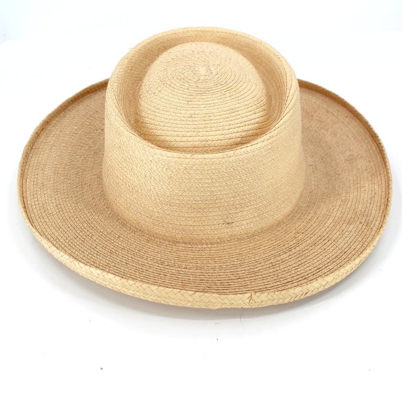 Vintage 1950s 1960s Straw Cowboy Hat Gambler Crown Mid Brim Cream Beige - Picture 7 of 12